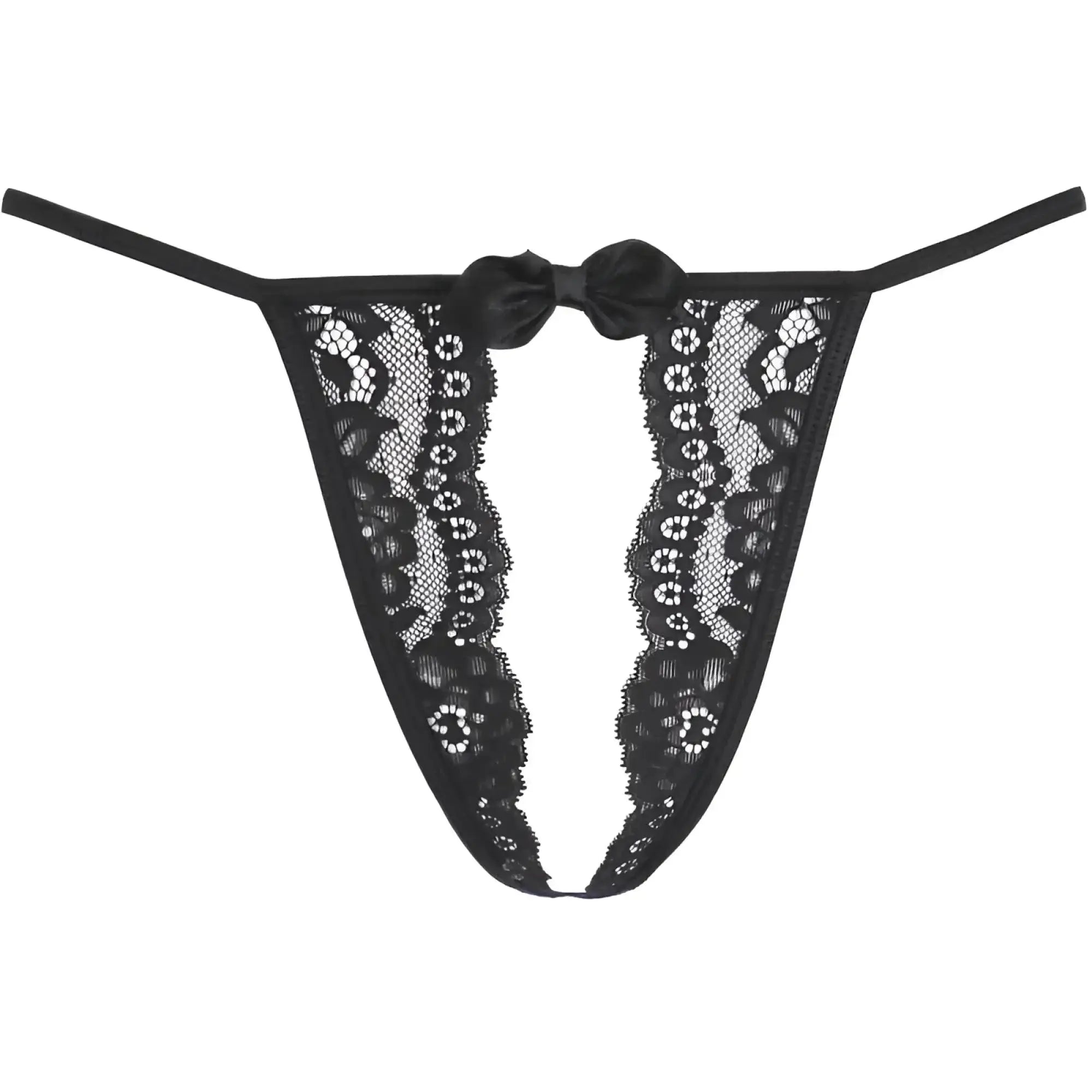 Axami lingerie black lace open front g-string with satin bow detail in black front view