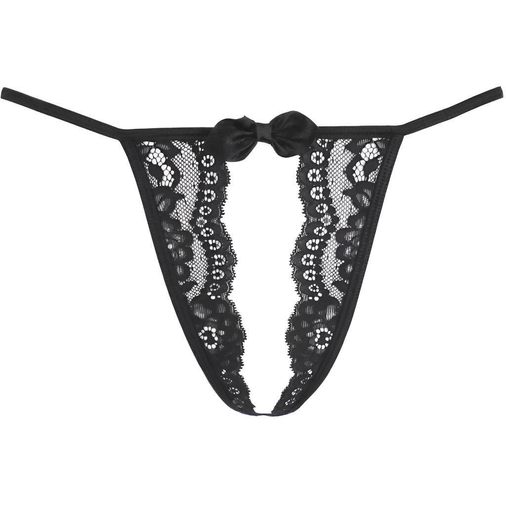 Axami lingerie black lace open front g-string with satin bow detail in black front view