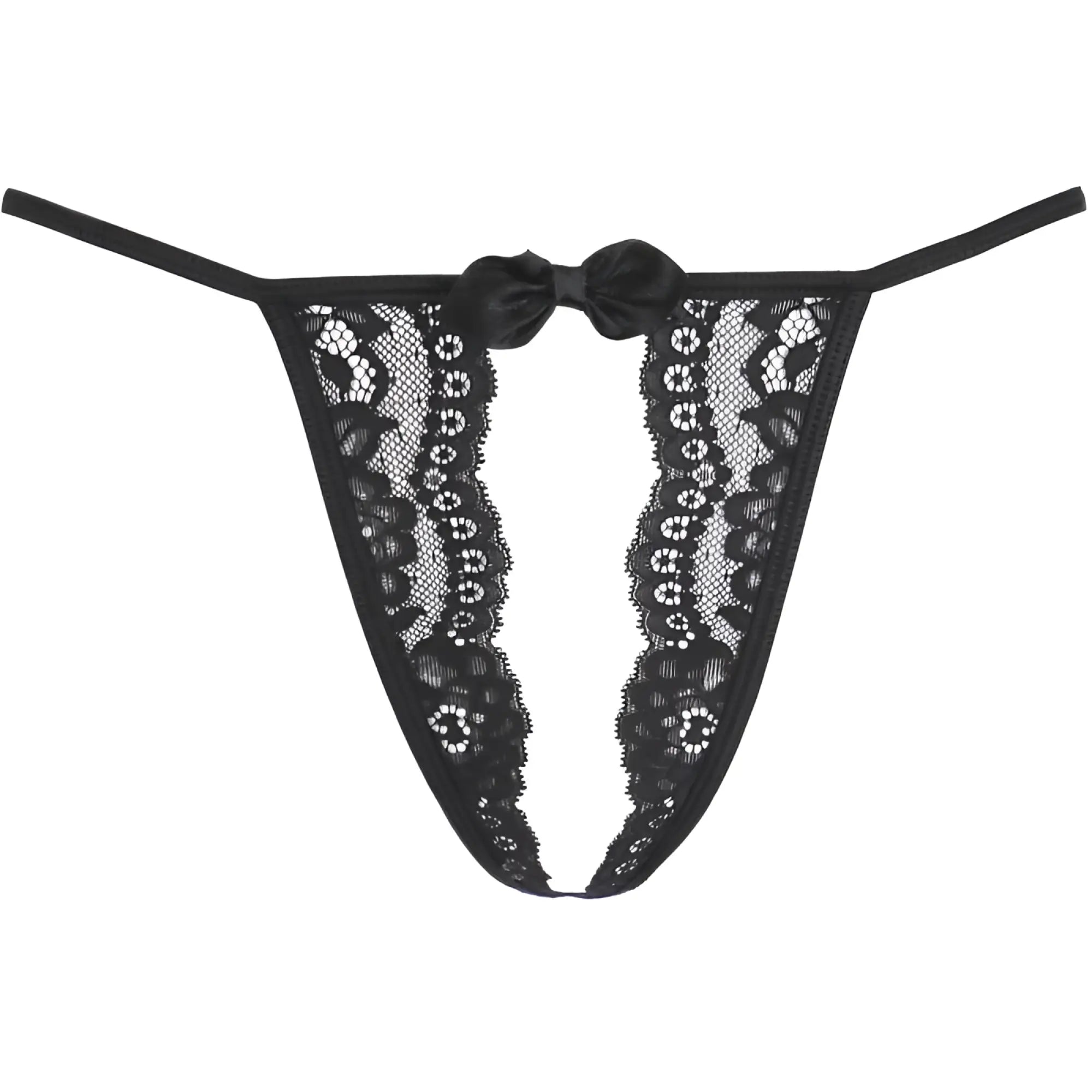 Axami lingerie black lace open front g-string with satin bow detail in black front view
