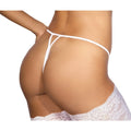Axami lingerie lace open front white g-string with thin delicate straps and sheer patterned hemline front view