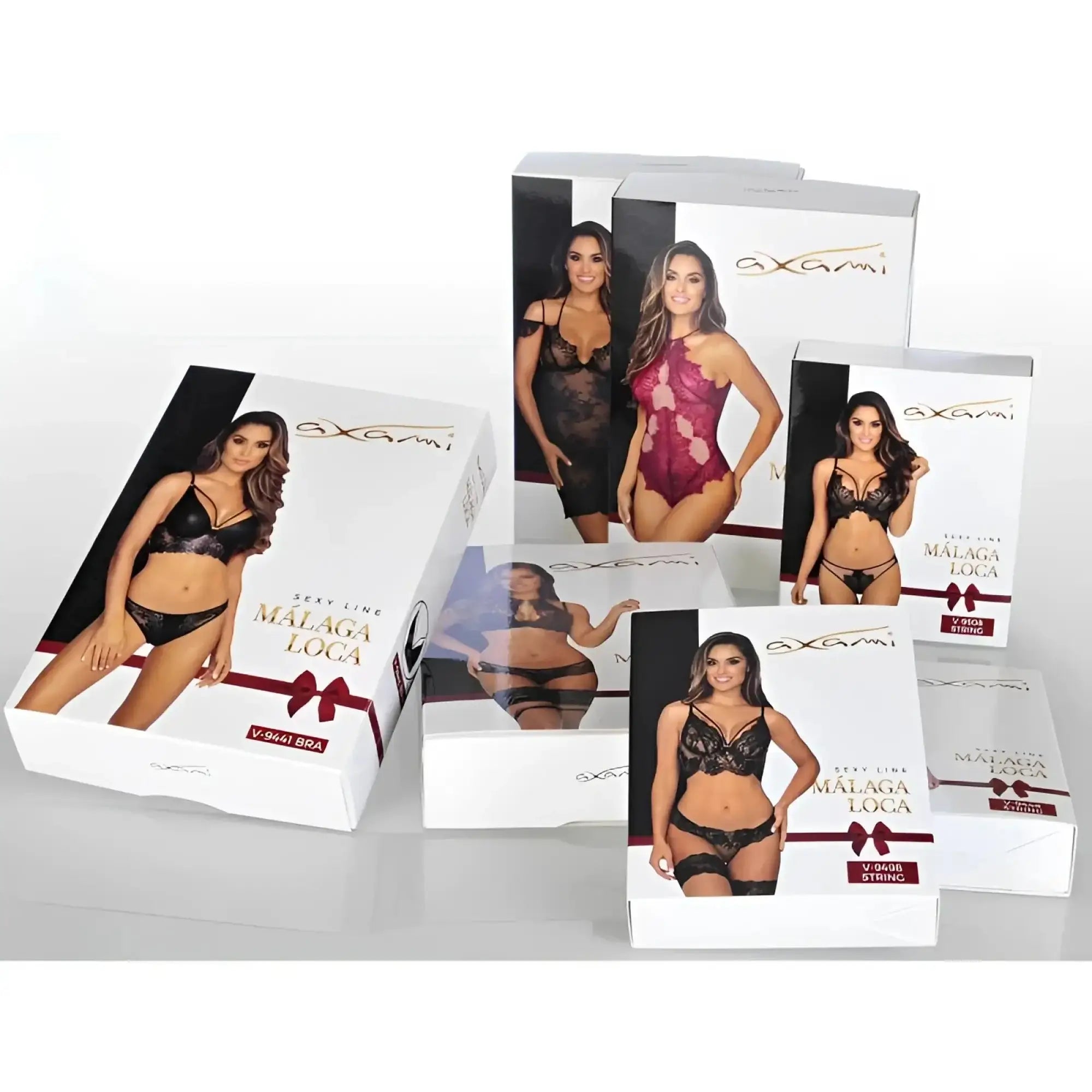 Axami lingerie lace open front white g-string set displayed in a sleek white box with maroon ribbon accents