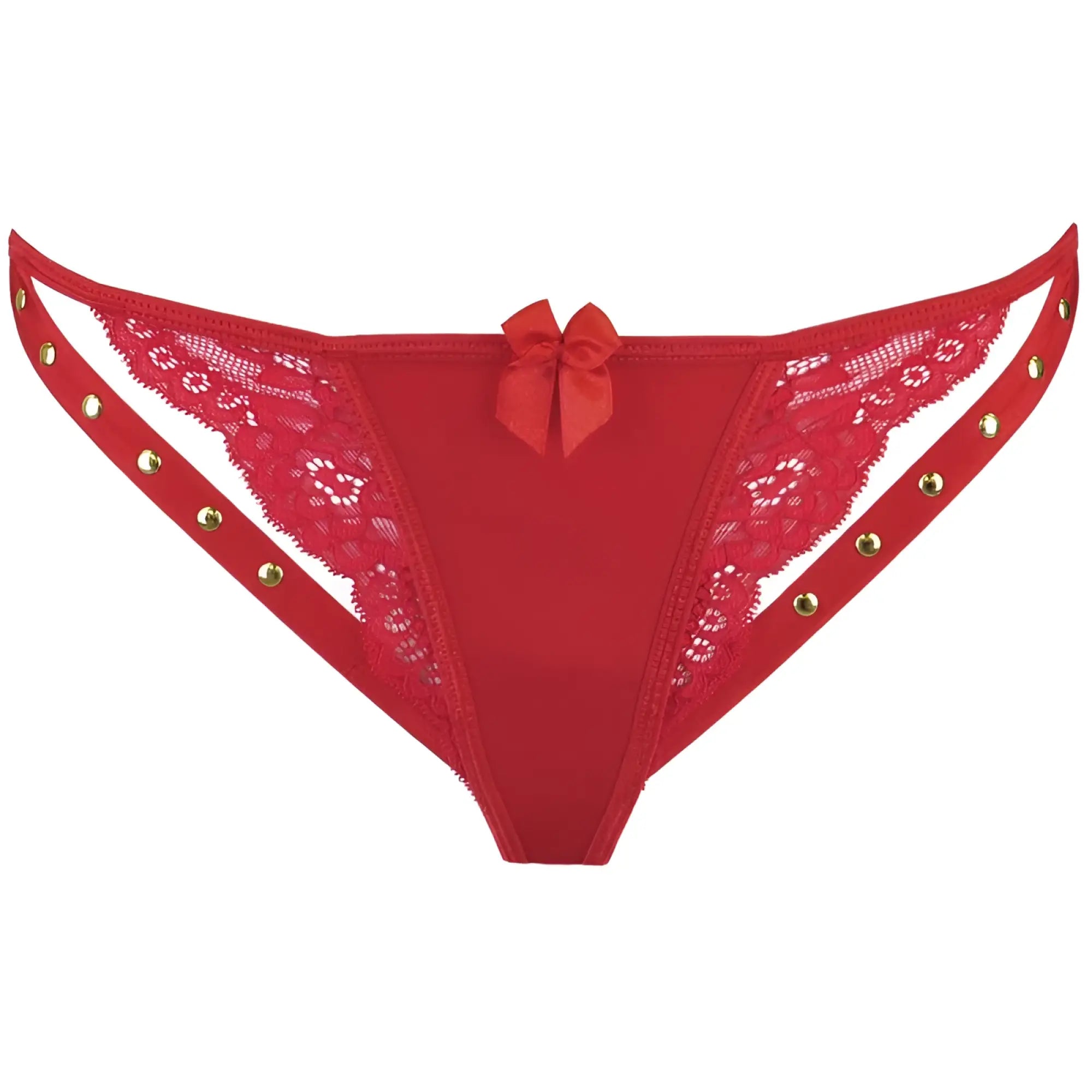 Red lace thong g-string with gold studs and matching bow made of microfiber and lace by axami lingerie in red m