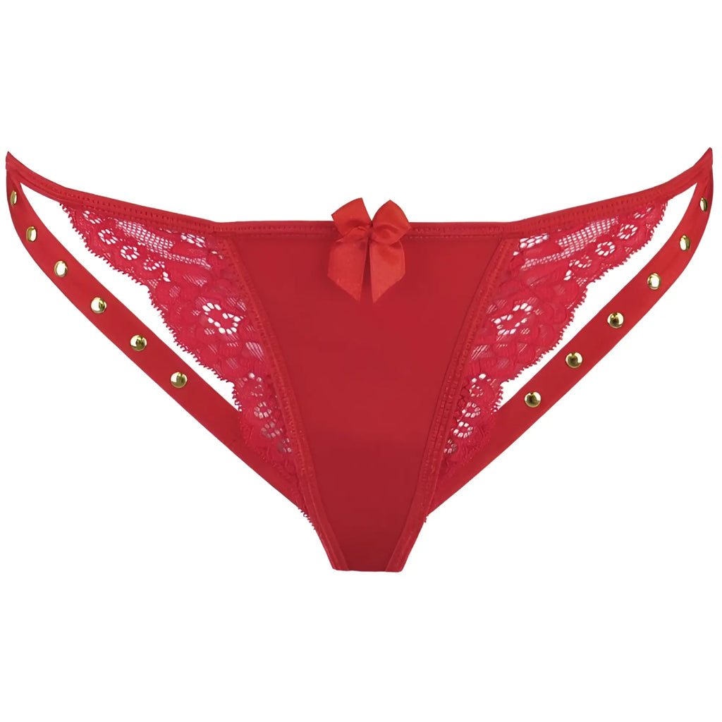 Red lace thong g-string with gold studs and a matching bow center by axami lingerie in microfiber and lace red s