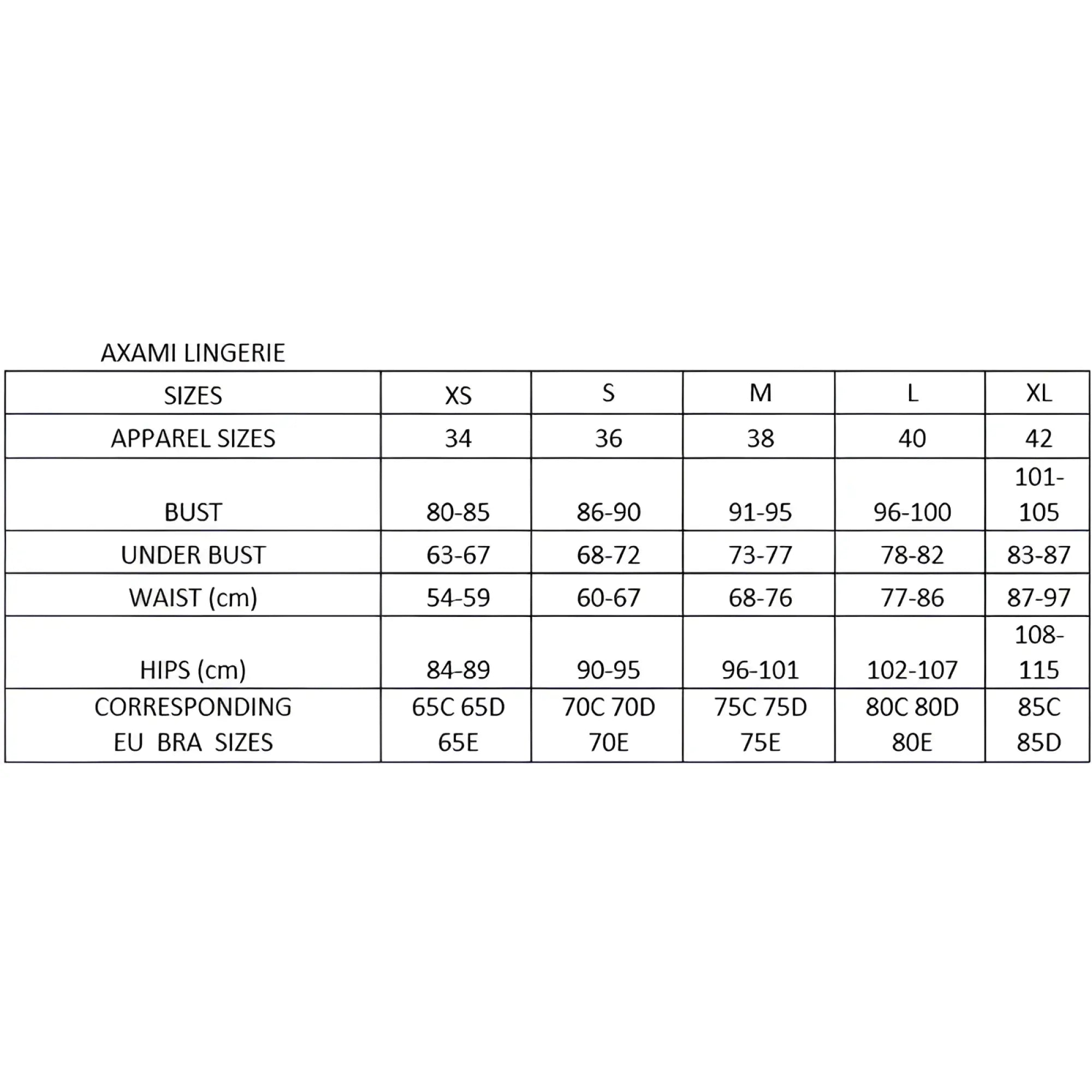 Axami lingerie microfiber and lace white g-string with studs and size conversion chart for xs to xl bust waist hip measurements
