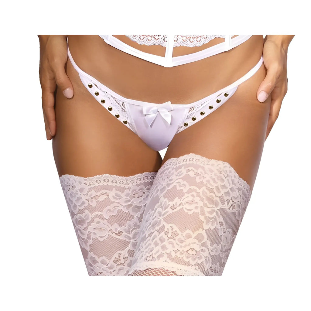 White lace Axami lingerie microfiber and lace g-string with central bow and metallic studs in size M