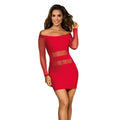 Axami lingerie off the shoulder red mini dress with long sheer mesh sleeves and transparent torso panels
