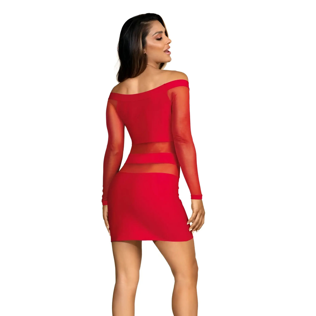 Axami lingerie off the shoulder vibrant red mini dress with long sheer mesh sleeves and fitted two-piece design in xl
