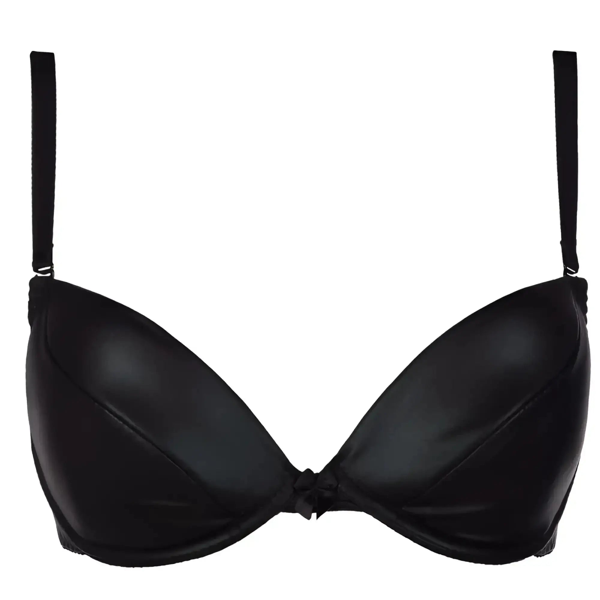 Black satin axami lingerie stretch wetlook bra with underwire thin straps and central bow in size large