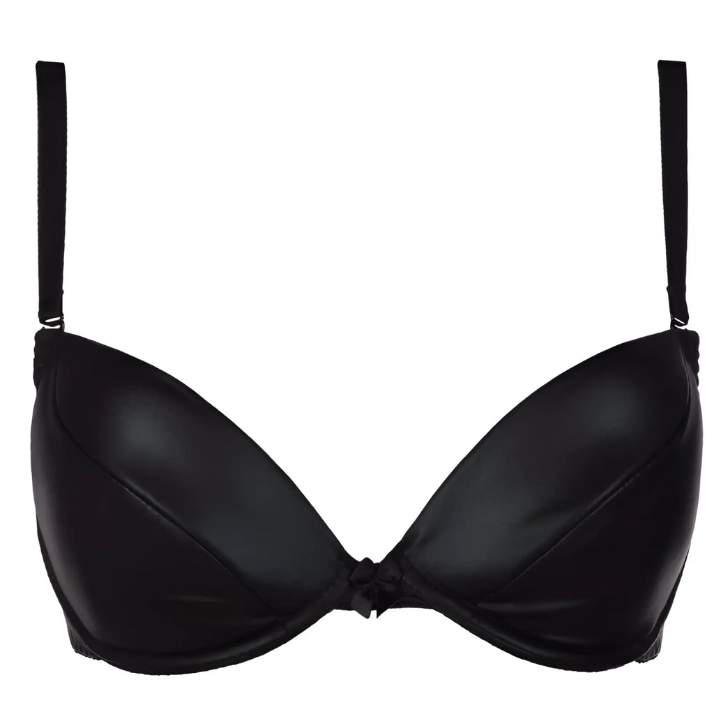 Black satin stretch wetlook underwire bra with thin straps and central bow by Axami Lingerie in black size S