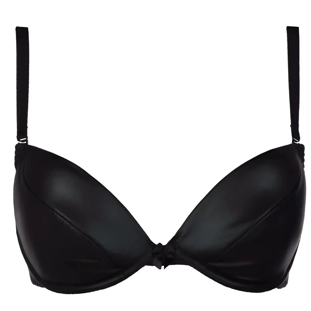 Black satin stretch wetlook underwire bra with thin straps and central bow by Axami Lingerie in black size S
