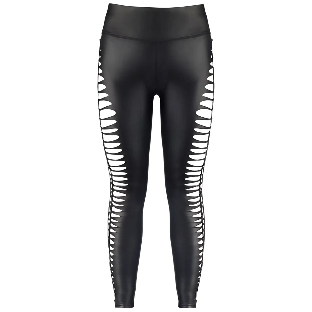 Axami lingerie black high-waisted stretch wetlook leggings with white cut out patterns in size xl