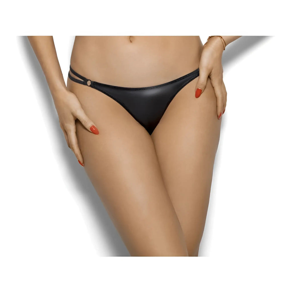 Black satin thong with thin side strap and circular buckle detail in axami lingerie stretch wetlook g-string black m