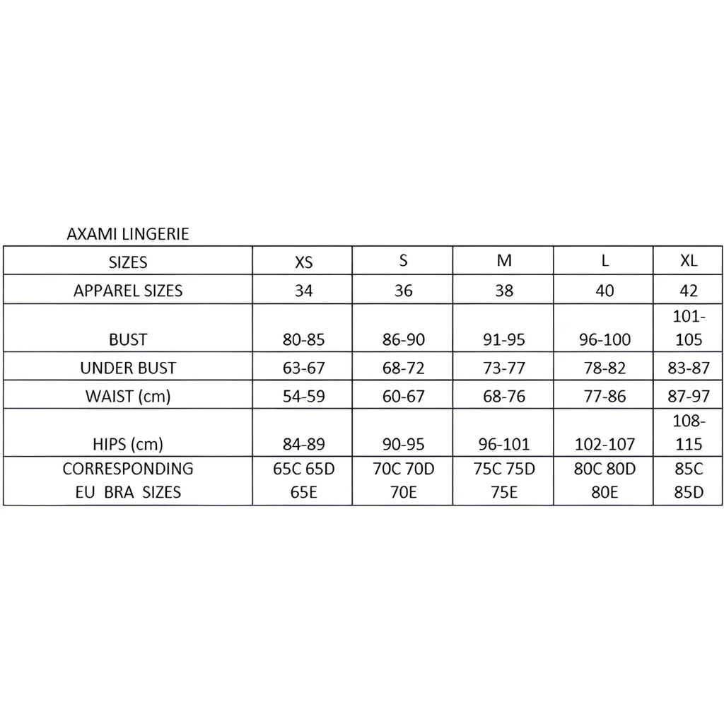 Axami lingerie stretch wetlook black g-string size chart showing bust waist hip and eu bra sizes xs to xl