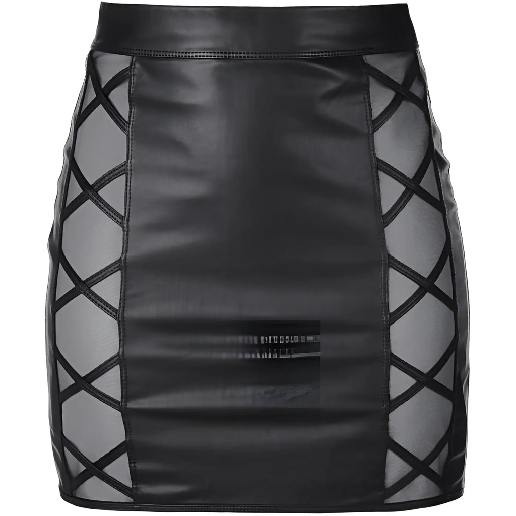 Axami lingerie stretch wetlook black mini skirt with crisscross mesh panel design in faux leather material