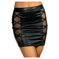 Axami lingerie black faux leather mini skirt with stretch wetlook fabric sheer mesh panels and crisscross straps