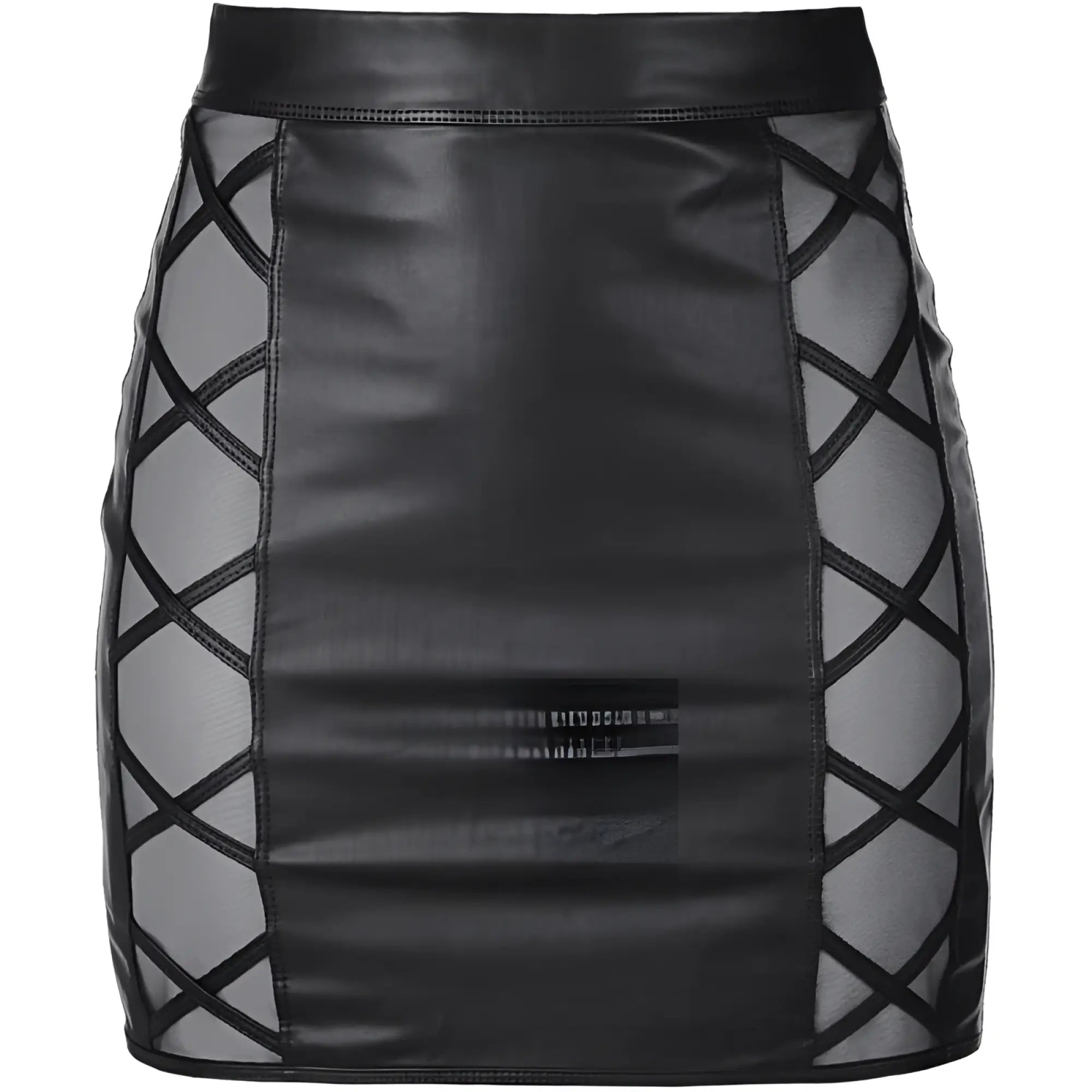 Black faux leather mini skirt with crisscross mesh panels by axami lingerie in size small
