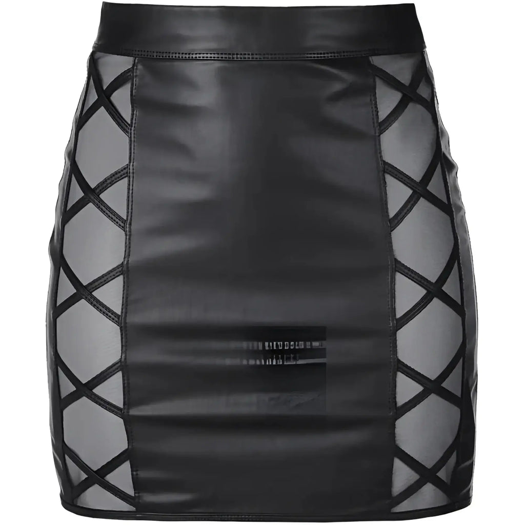 Black faux leather mini skirt with crisscross mesh panels by Axami lingerie in stretch wetlook fabric black XL