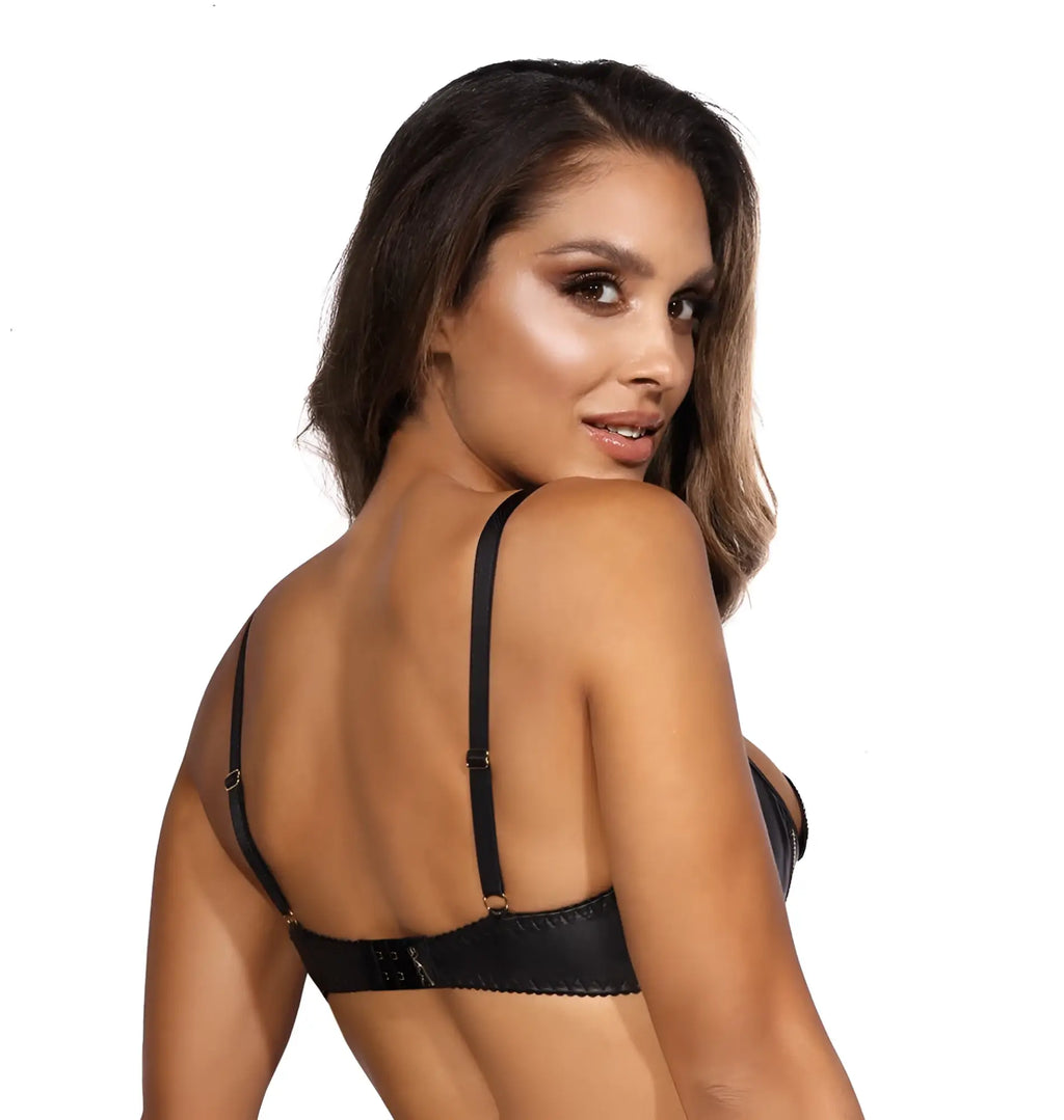 Black satin Axami lingerie wetlook half cup zip bra with delicate scalloped edge and adjustable straps in black
