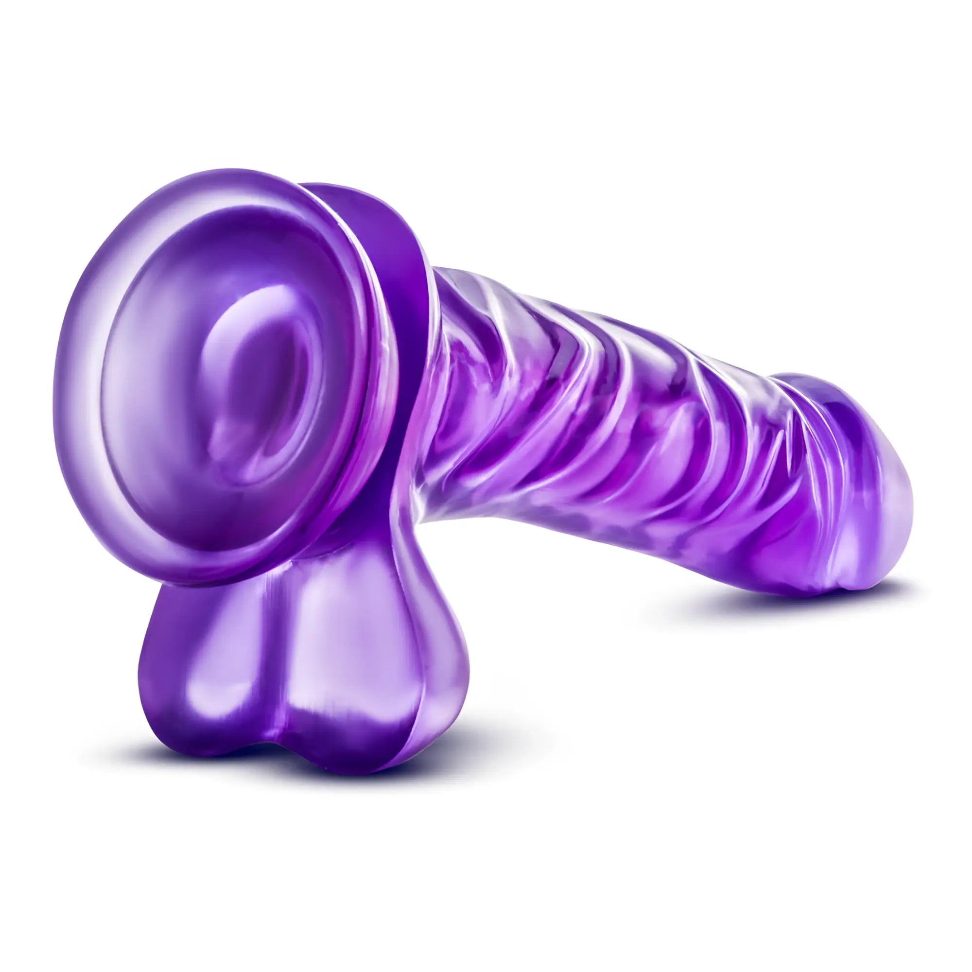 B yours basic 8 purple translucent silicone toy with ribbed texture and suction cup base for hands-free use