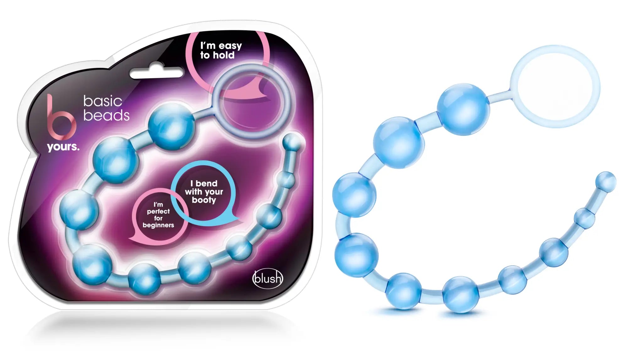 Light blue translucent plastic bead train with clear ring branded as basic beads by blush in b yours basic beads blue