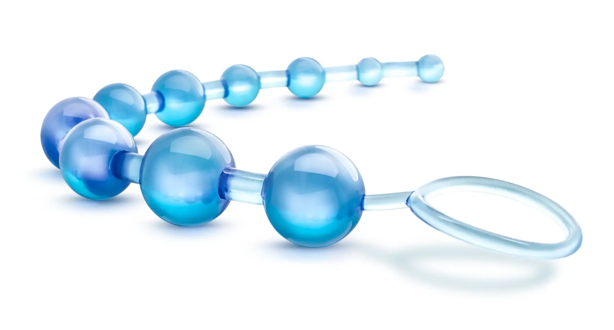 A translucent blue silicone toy b yours basic beads with graduated spherical beads and an attached ring