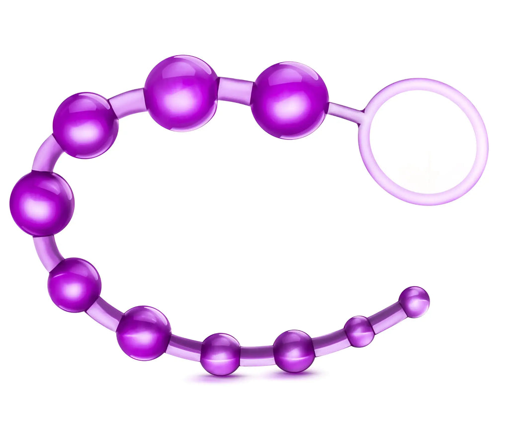 B yours basic beads purple translucent plastic anal plug with ring handle and spherical beads for easy use