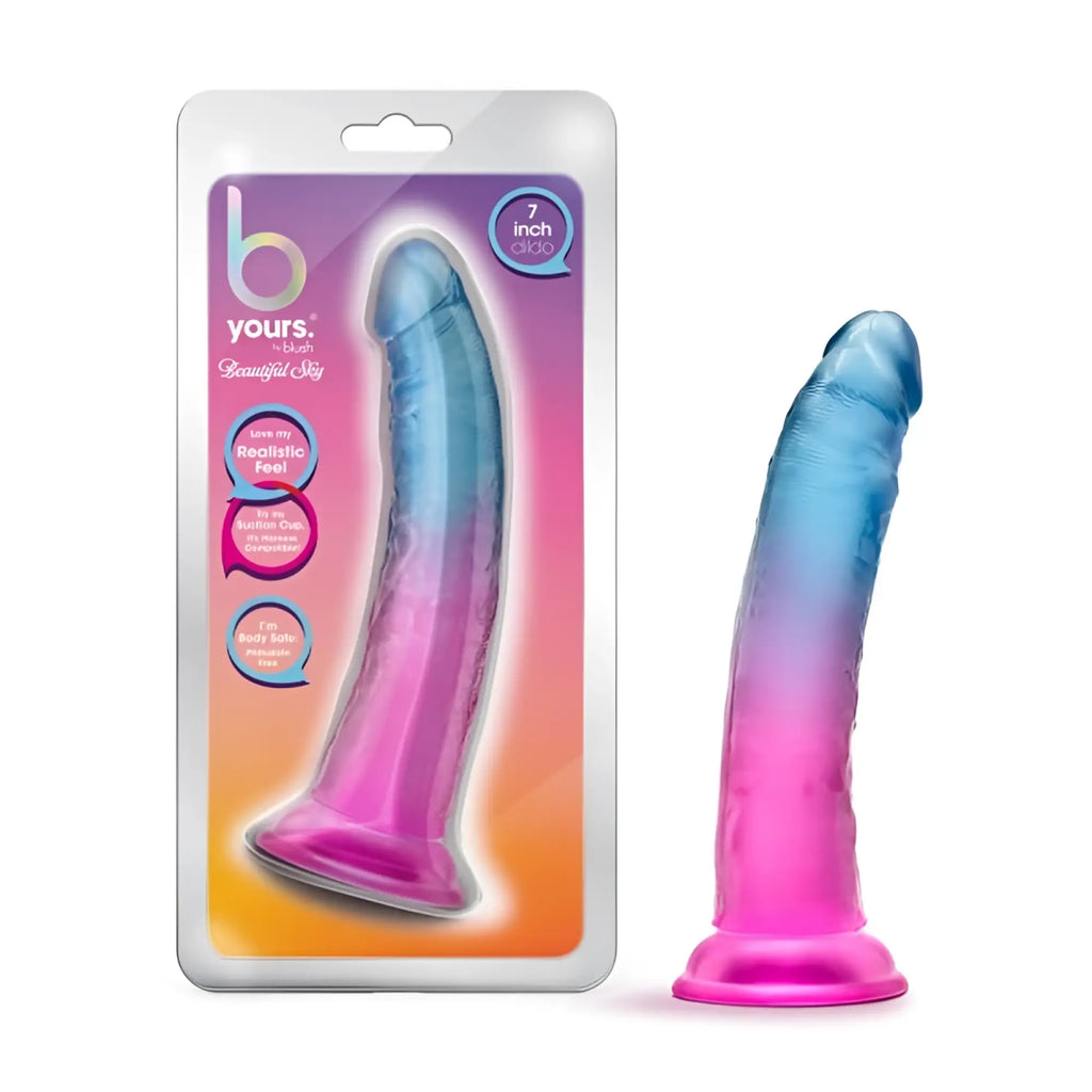 B Yours beautiful Sky 7in dildo with a 7-inch gradient silicone design in pink to blue translucent finish