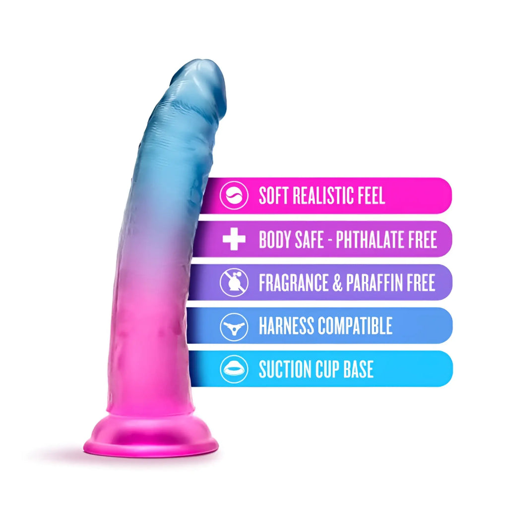 B yours beautiful sky 7in dildo in gradient pink to blue silicone with suction cup base for hands-free use