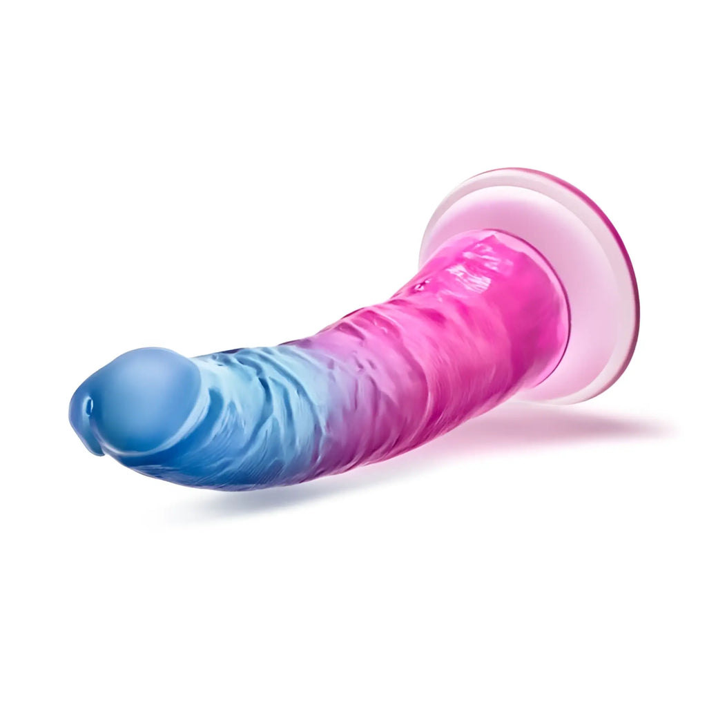 B yours beautiful sky 7in dildo sunset is a translucent silicone toy with a smooth wavy texture in blue to pink gradient