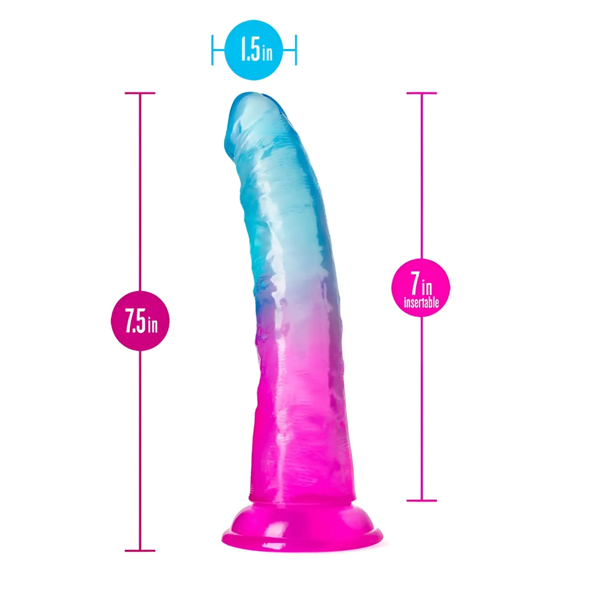 A translucent gradient silicone dildo with blue to pink color transition textured surface and rounded base from b yours