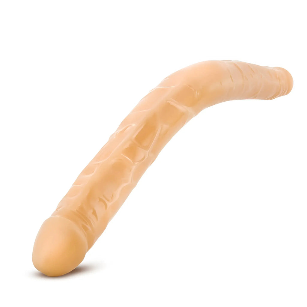 Beige silicone phallic-shaped dildo with textured ridged surface from b yours double dildo 16in collection