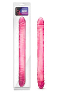 B yours double dildo pink 18in with smooth glossy silicone surface and realistic anatomical contours in clear packaging