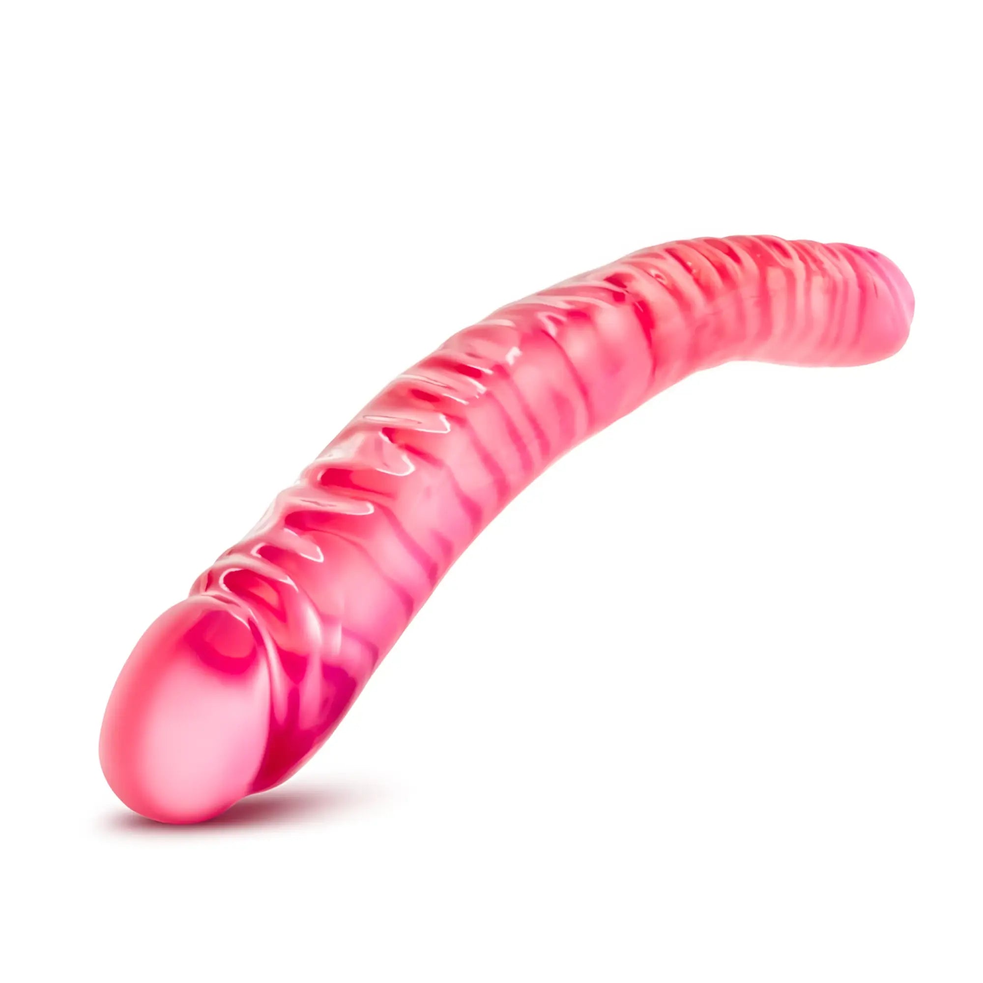 Pink translucent silicone double dildo with ridged texture and curved design by b yours measuring 18 inches