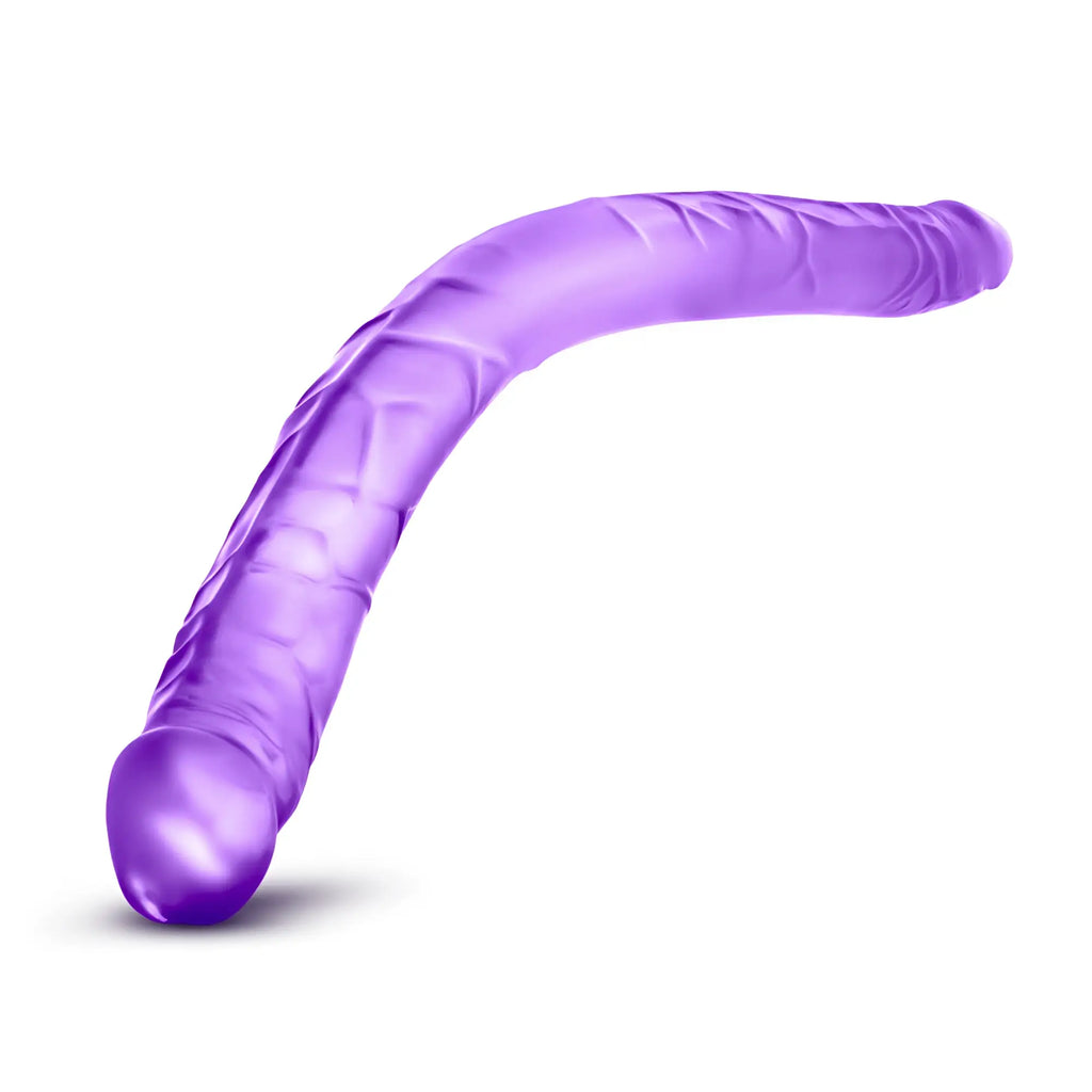 Purple silicone curved dildo with textured ridges along its length from b yours double dildo 16 inch product