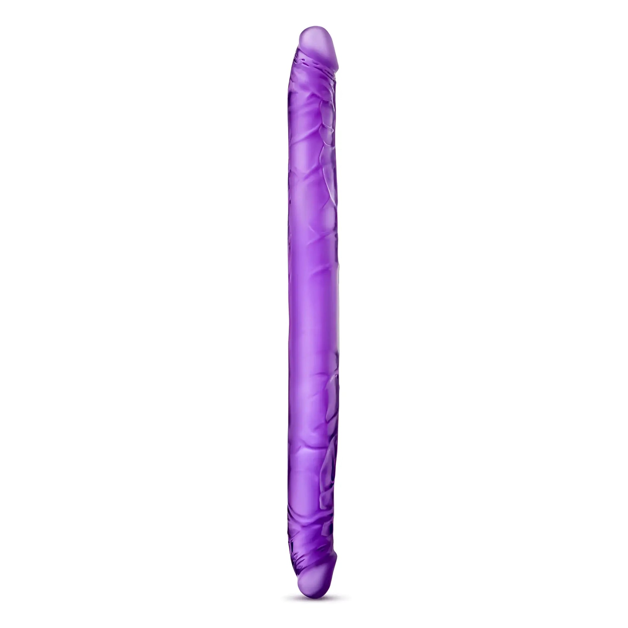Purple silicone B Yours double dildo with textured ridged surface and rounded head 16in for versatile use