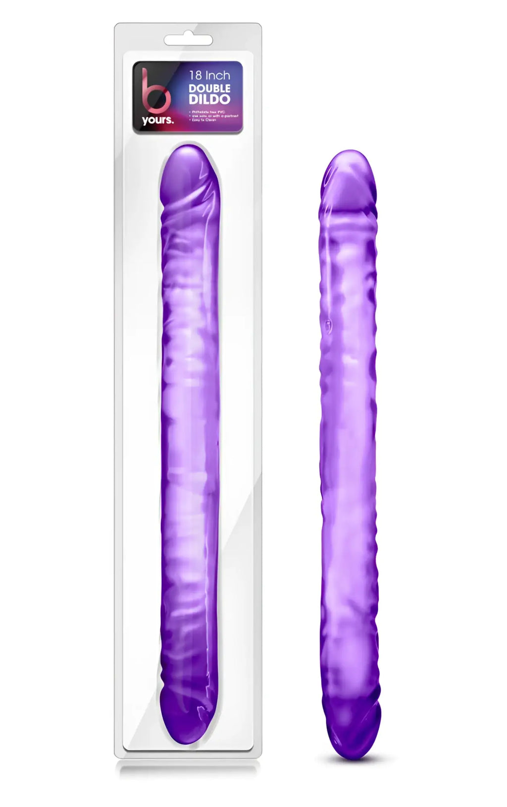 Purple 18-inch double dildo from b yours featuring flexible silicone for dual penetration pleasure
