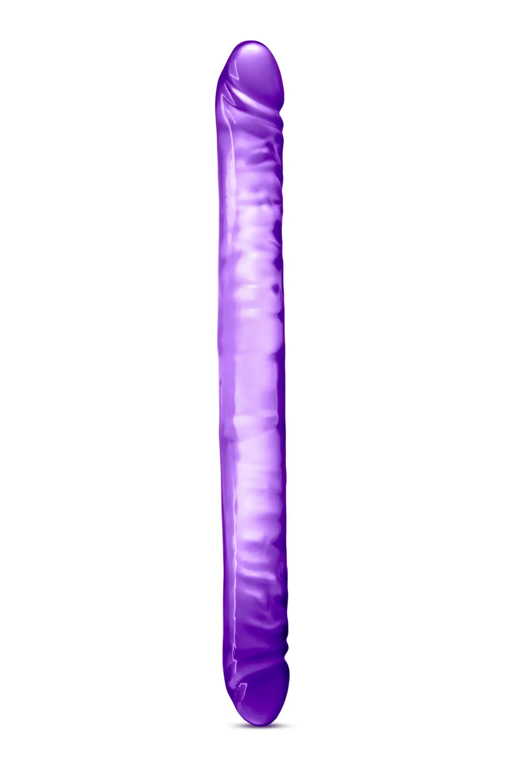 Purple translucent silicone double dildo with textured ridges and rounded head by B Yours 18 inches long