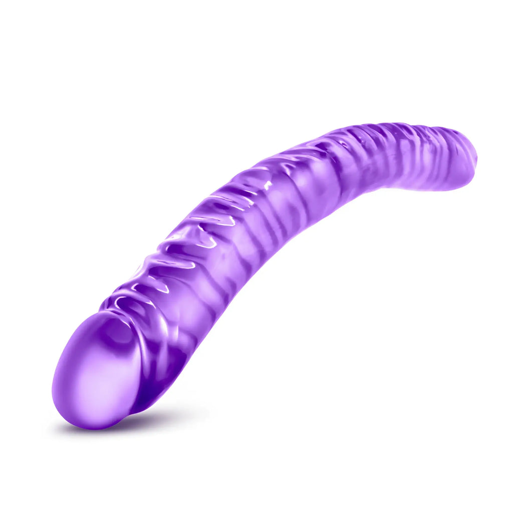 B yours double dildo purple 18in made of translucent silicone with curved ribbed design for dual pleasure use