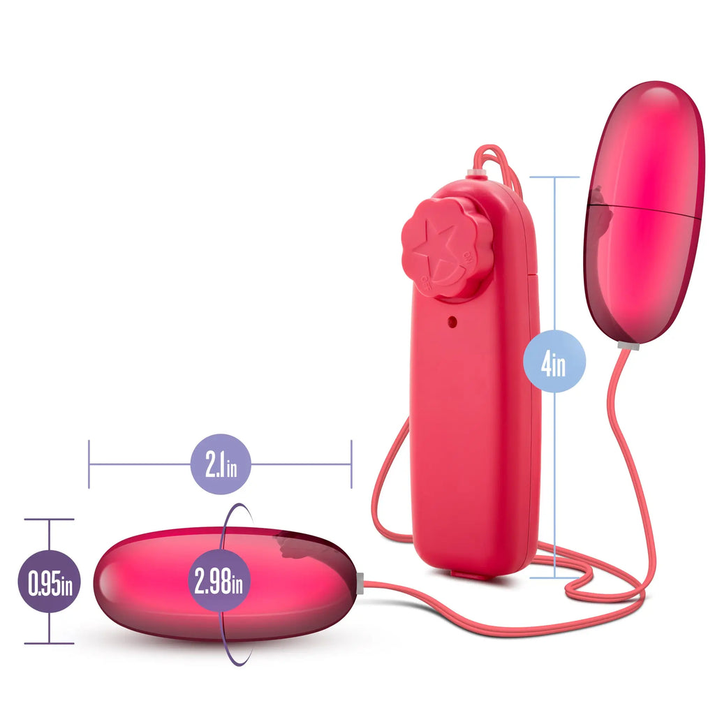 Pink silicone egg-shaped vibrator with matching remote and cord from b yours double pop eggs cerise collection