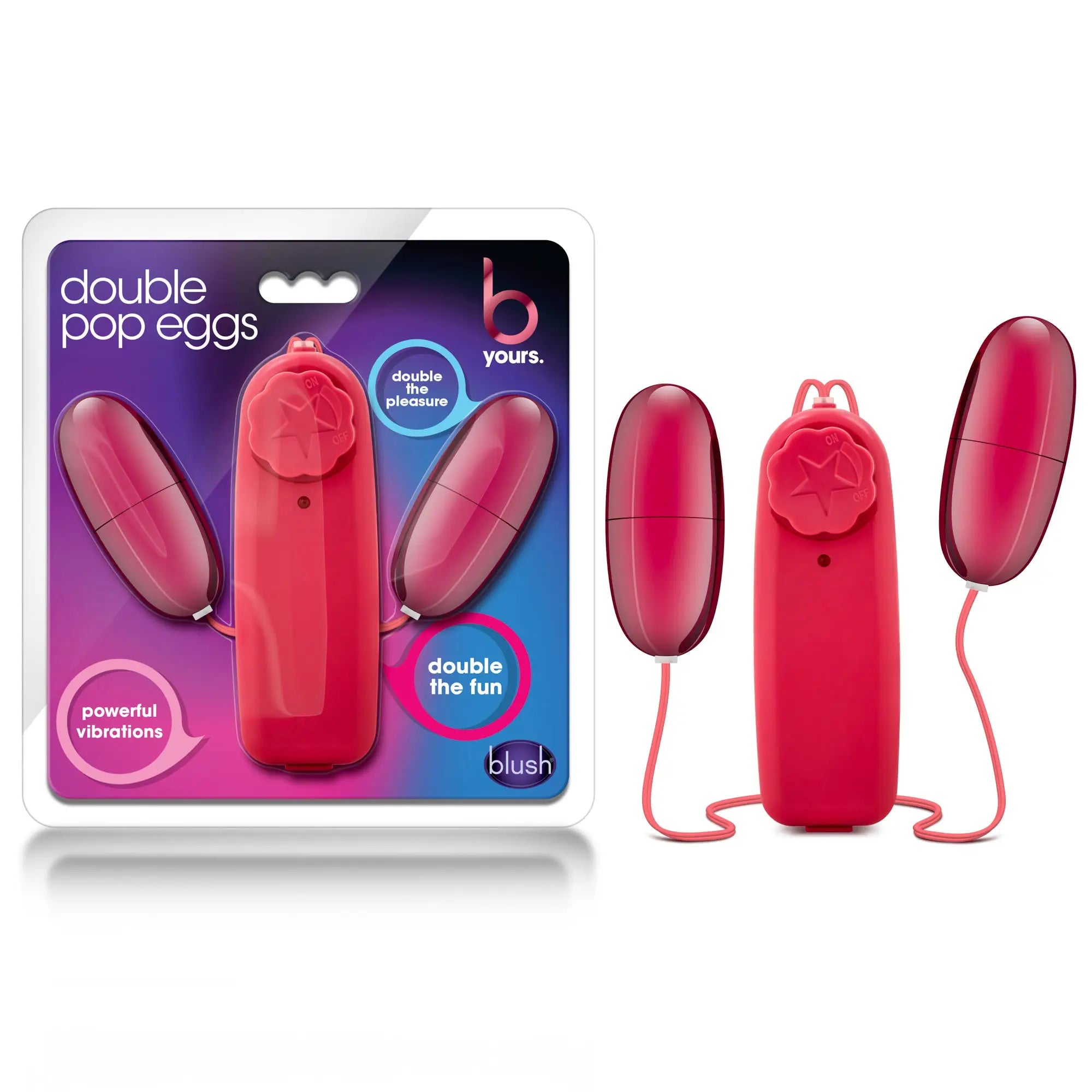 Vibrating red double pop eggs with central control unit and two egg-shaped attachments by blush for personal use