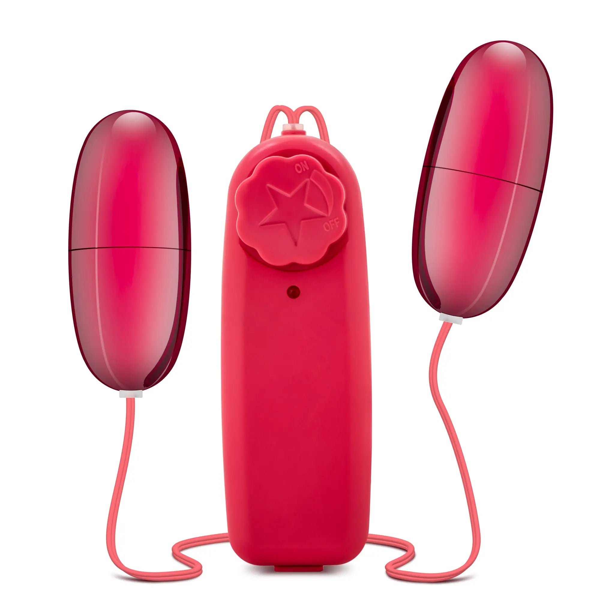 Red silicone vibrators with a matching red star-shaped control unit featuring an on off button from b yours double pop eggs cerise
