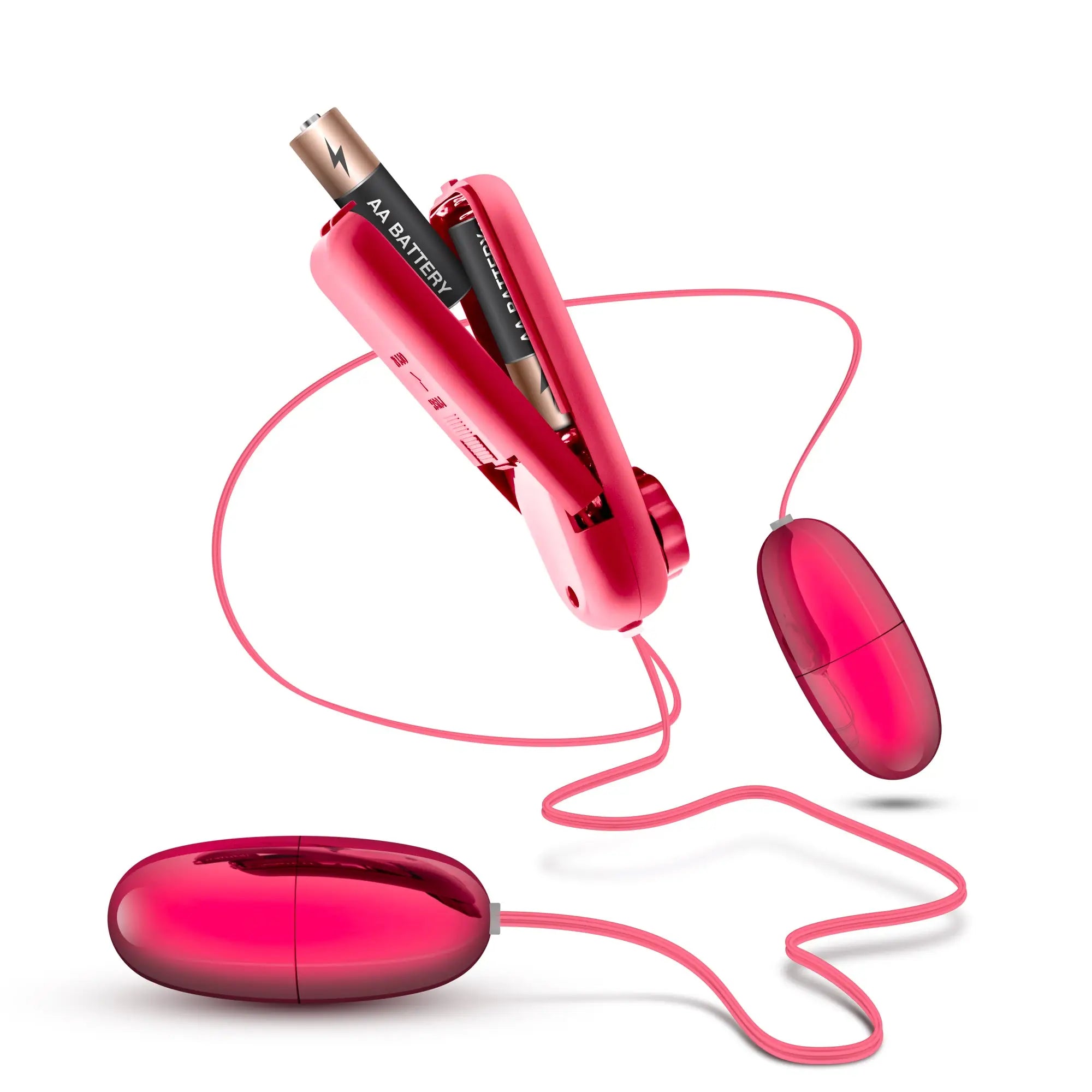 Vibrant pink silicone-coated double egg vibrator with matching cord and battery compartment from b yours double pop eggs cerise