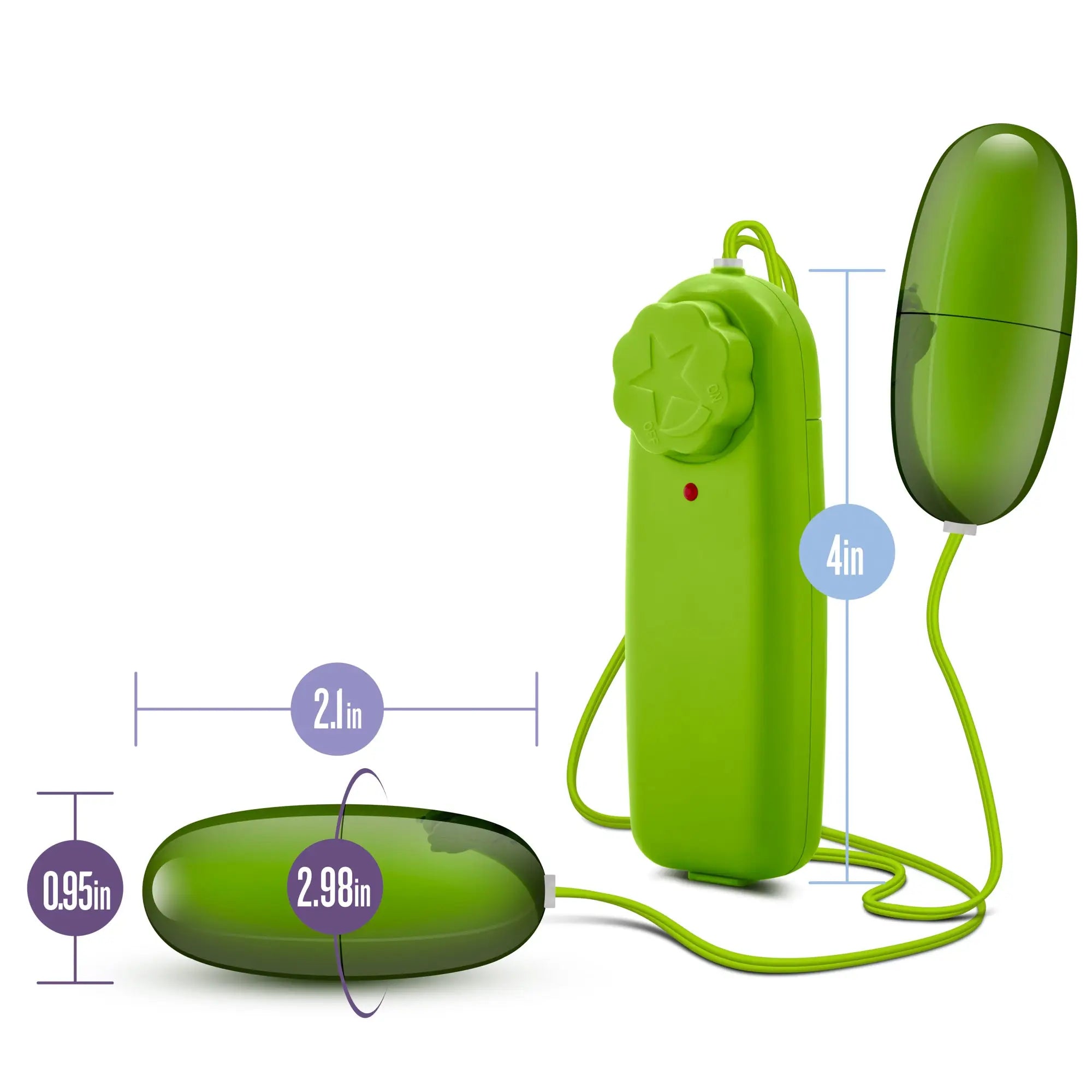 Bright green glossy plastic cucumber-shaped vibrator with matching remote and cord from b yours double pop eggs lime