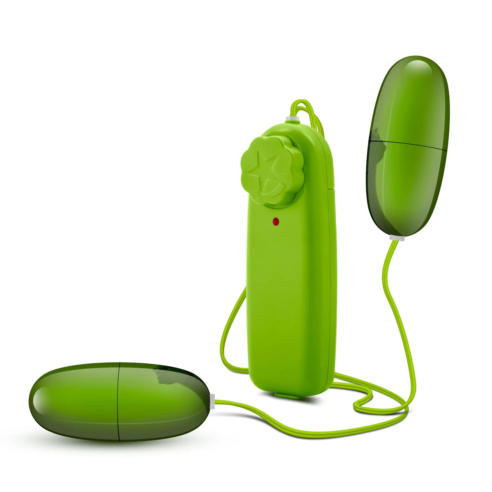 Bright green silicone egg-shaped vibrator with flower button remote from b yours double pop eggs lime collection