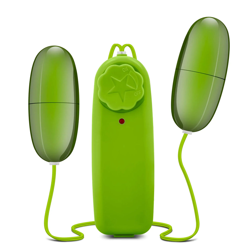 Bright green silicone b yours double pop eggs lime vibrators with matching control unit and on off button