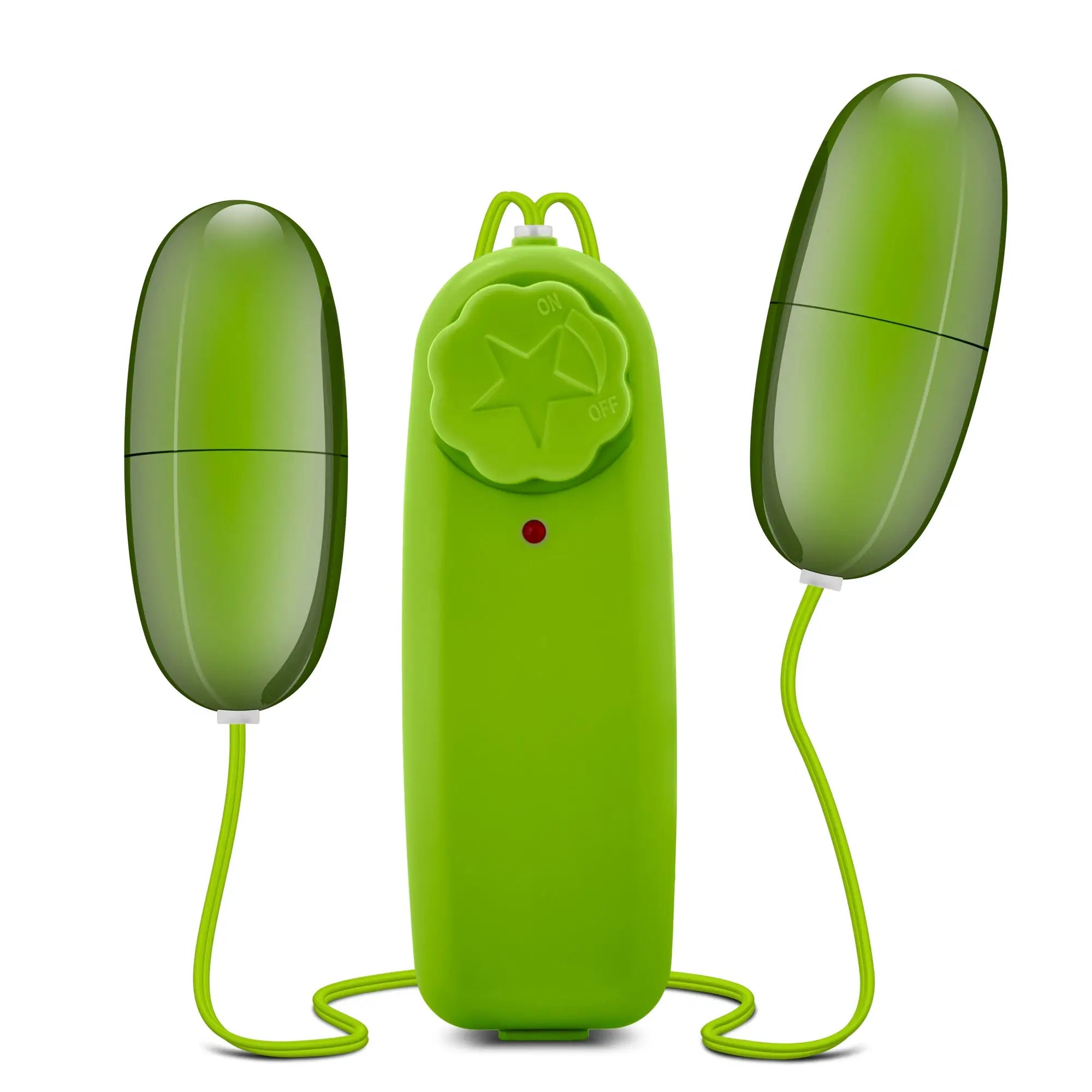 Bright green silicone b yours double pop eggs lime vibrators with matching control unit and on off button