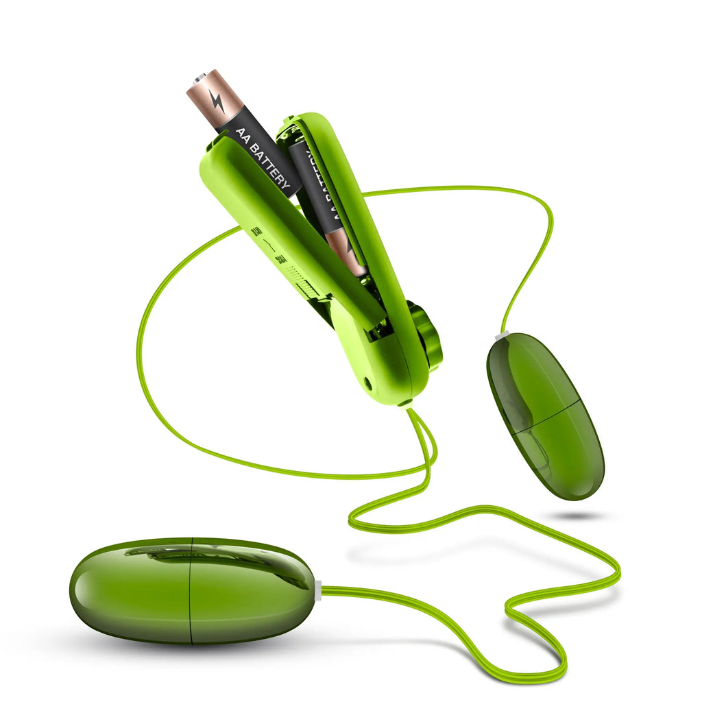 Vibrant lime green silicone double egg vibrator with matching cord and battery compartment for discreet use