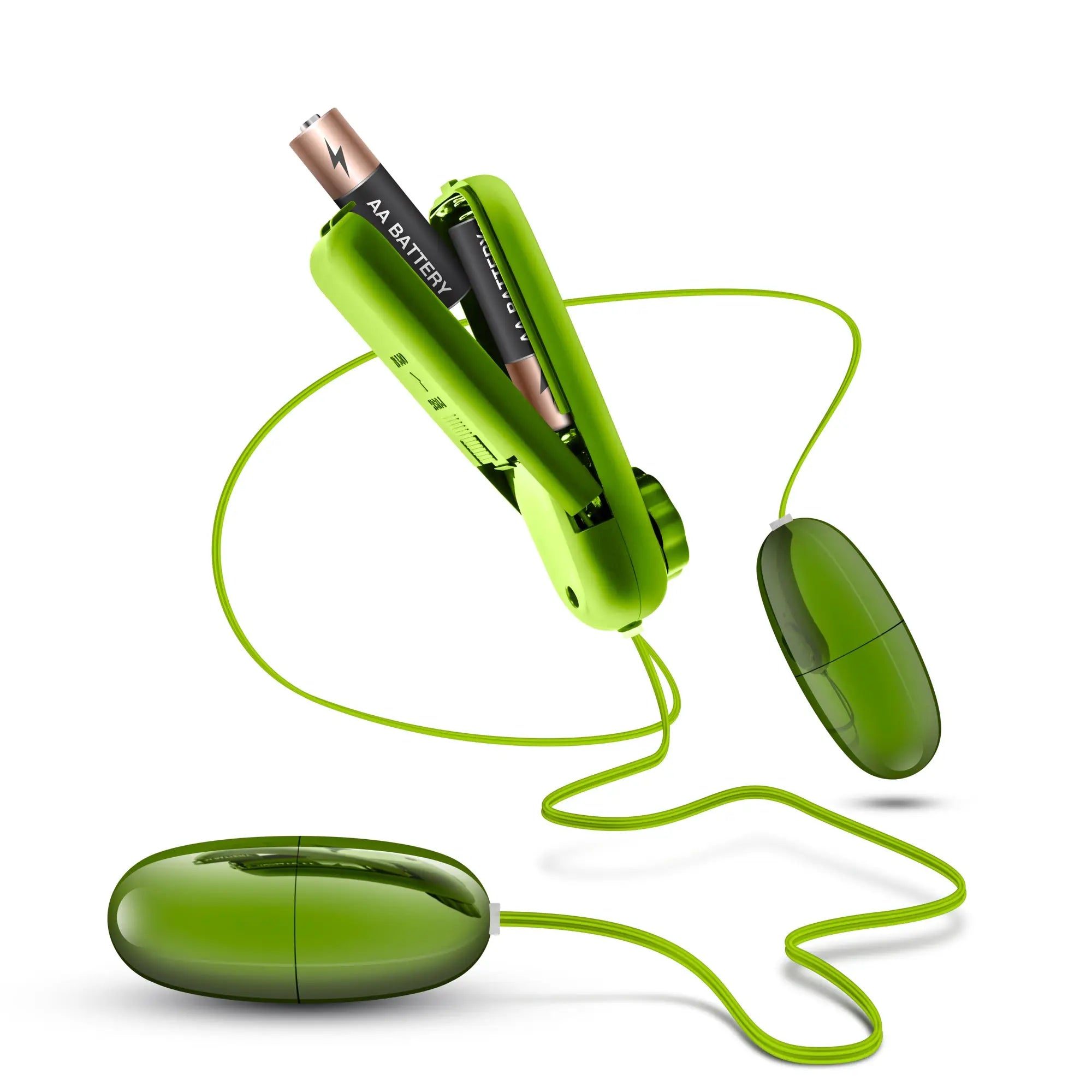 Vibrant lime green silicone double egg vibrator with matching cord and battery compartment for discreet use