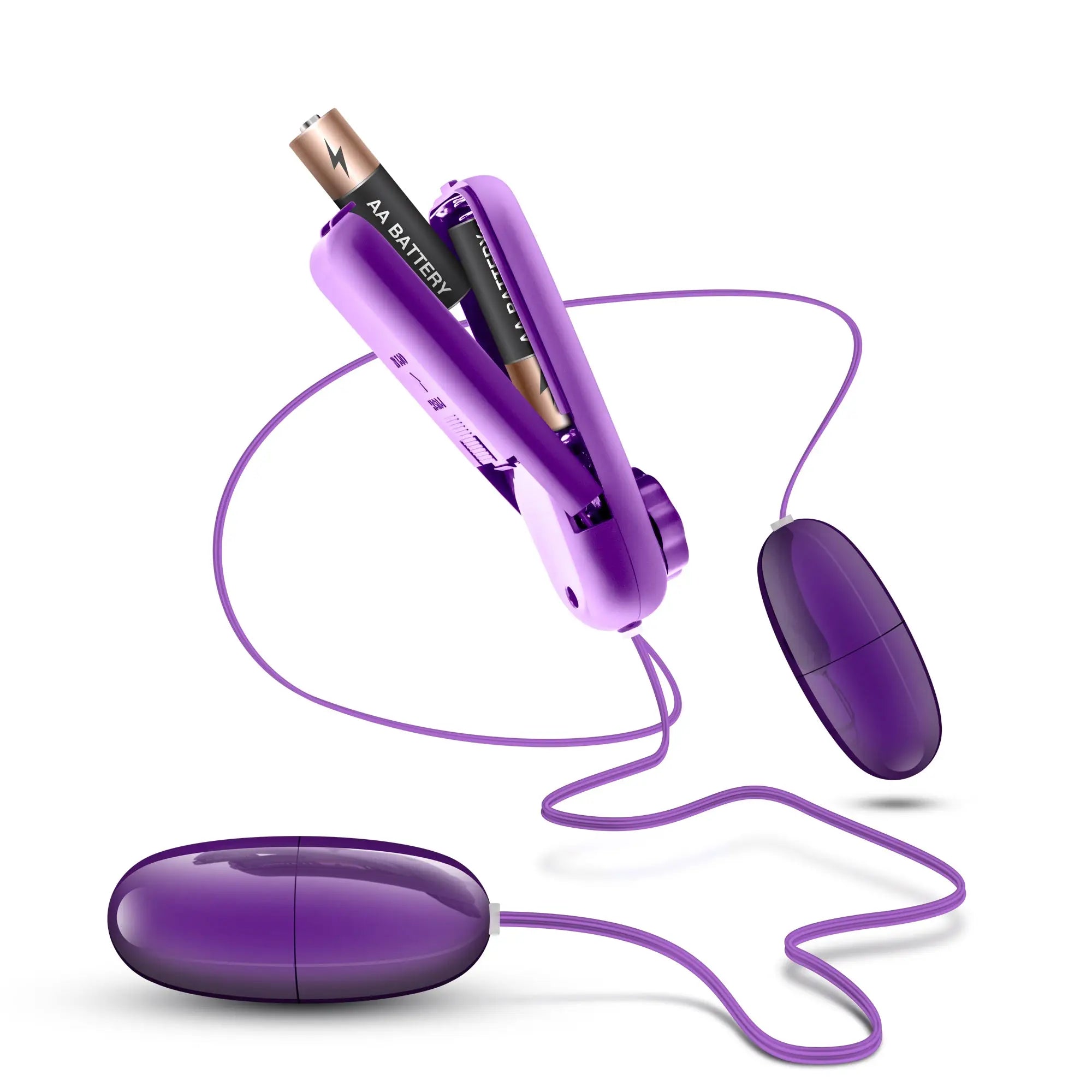 B yours double pop eggs plum purple silicone egg-shaped vibrator with matching cord and aa battery compartment visible from back