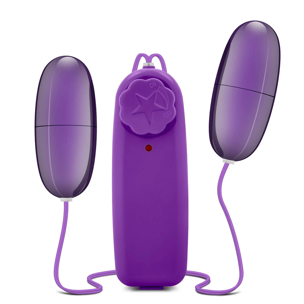 Purple silicone B Yours double pop eggs plum vibrator set with two egg-shaped heads and remote control unit with on/off button